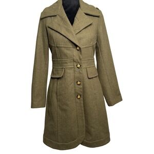 Vtg Guess Military Style Wool Blend Coat Womens PXS Olive Green Button Up Y2K